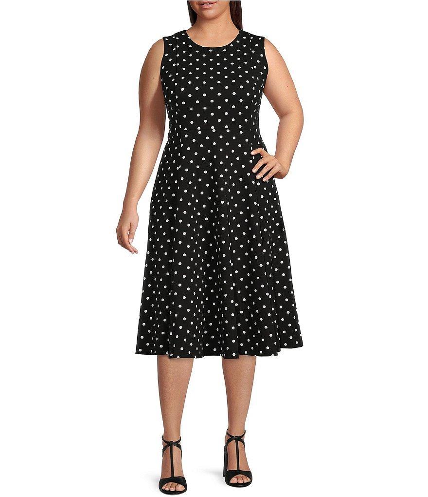 Calvin Klein Plus Size Dotted Print Sleeveless Scuba Crepe Fit and Flare Midi Dress Product Image