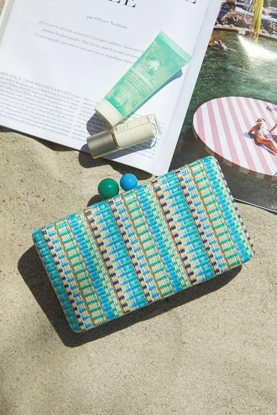 Positano Minaudiere Aqua Blue Multi Woven Hard Case Clutch Product Image