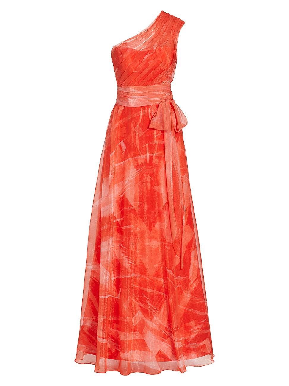 Womens Printed Tulle One-Shoulder Tie-Waist Gown Product Image