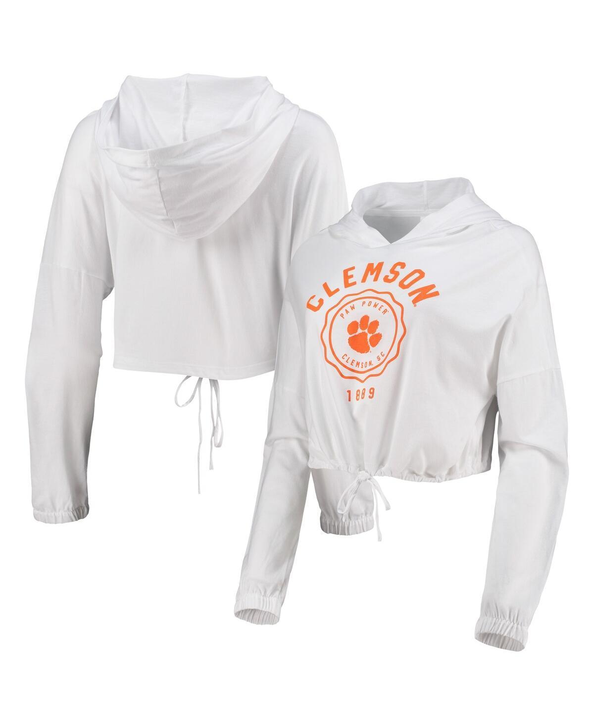 Womens White Clemson Tigers Poppy Cinched Cropped Hoodie Long Sleeve T-Shirt product image