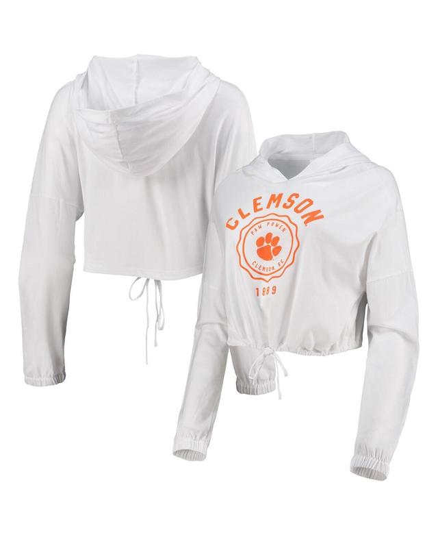 Womens White Clemson Tigers Poppy Cinched Cropped Hoodie Long Sleeve T-Shirt Product Image