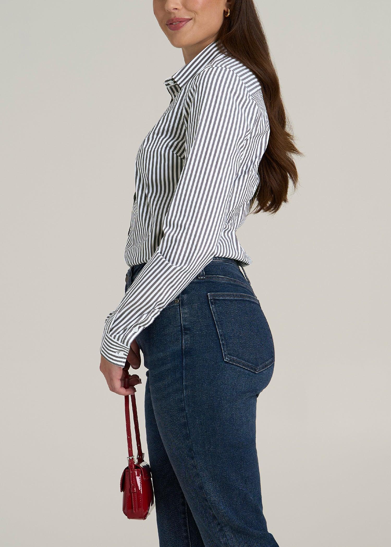 Slim Fit Button Up Women's Tall Shirt in Grey and White Stripe Female Product Image