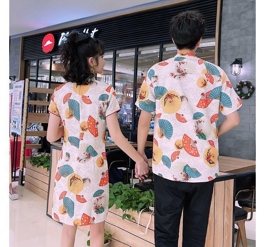 Couple Matching Short-Sleeve Fan Print Mini Qipao / Shirt / Plain Straight Leg Pants / Set Product Image