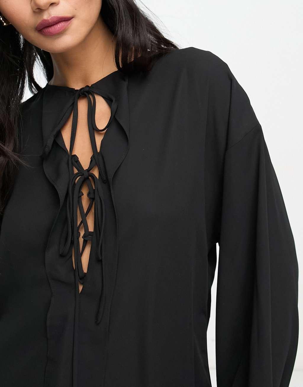 Mango lace up v neck blouse in black Product Image