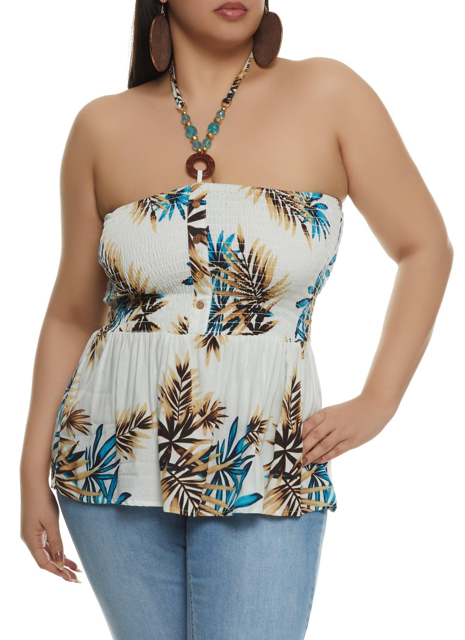 Womens Plus Size Tropical Print Smocked Halter Top Product Image