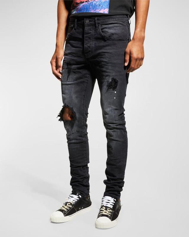 Men's P002 Black Repair Slim Jeans Product Image