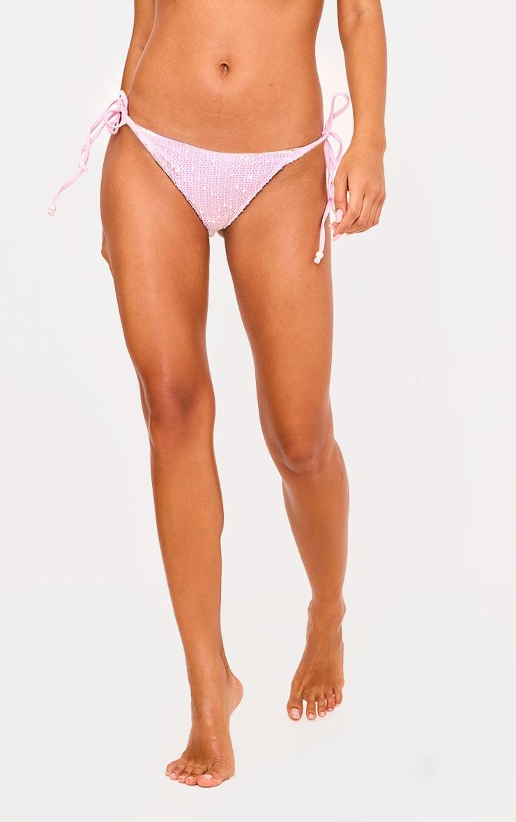 Pink Textured Overlay Tie Side Bikini Bottoms Product Image