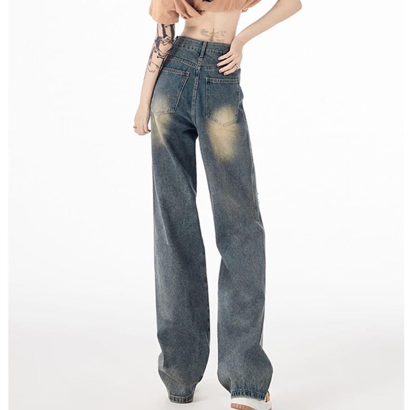 High Waist Washed Distressed Straight-Fit Wide-Leg Jeans Product Image