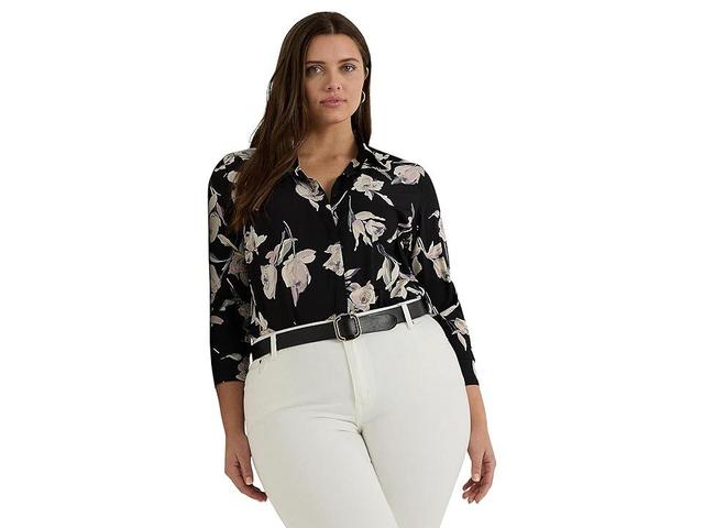LAUREN Ralph Lauren Plus-Size Classic Fit Floral Crepe de Chine Shirt Multi) Women's Clothing Product Image