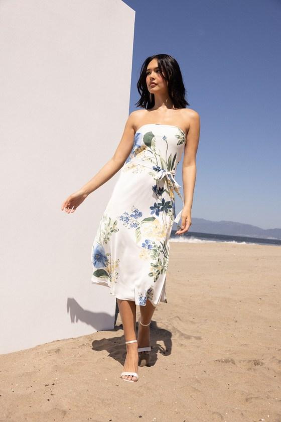 Season of Bliss White Floral Print Satin Strapless Midi Dress Product Image