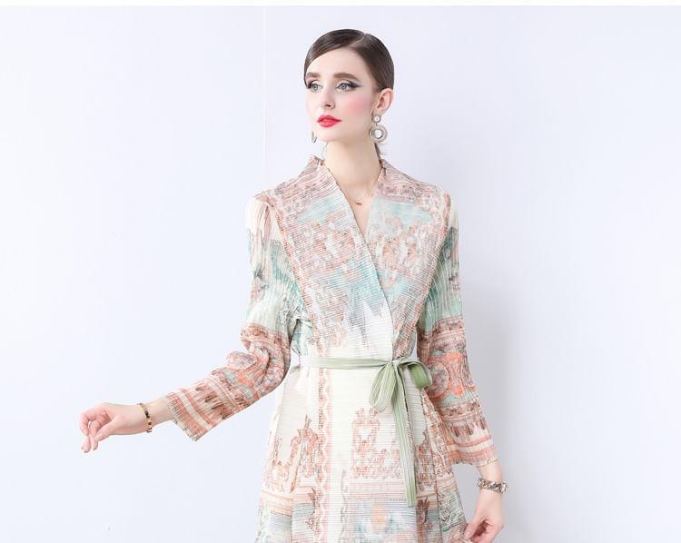 Long Sleeve V-Neck Patterned Print Tie-Waist Maxi A-Line Coat Dress Product Image