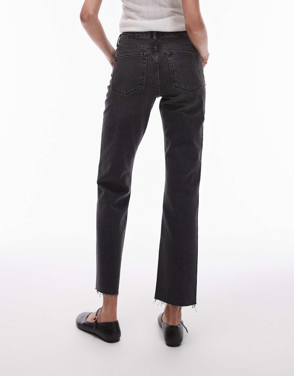 Topshop Tall cropped mid rise straight jeans with raw hems in washed black Product Image