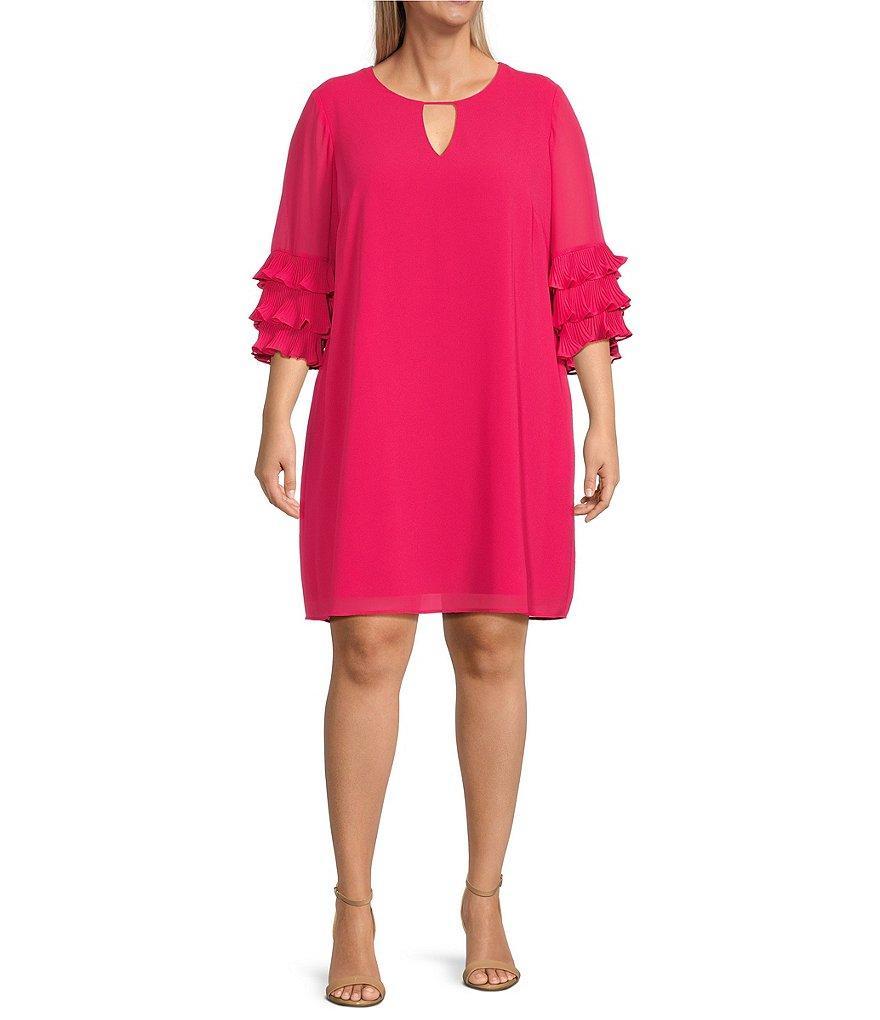 Vince Camuto Plus Size Chiffon Keyhole Neck 3/4 Tiered Ruffle Sleeve Float Dress Product Image