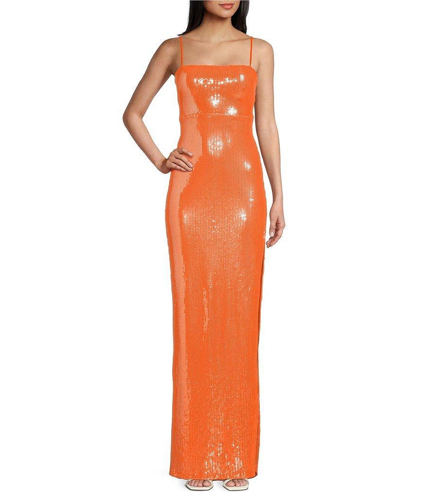 Honey and Rosie Sequin Lace-Up Back Side Slit Long Dress Product Image