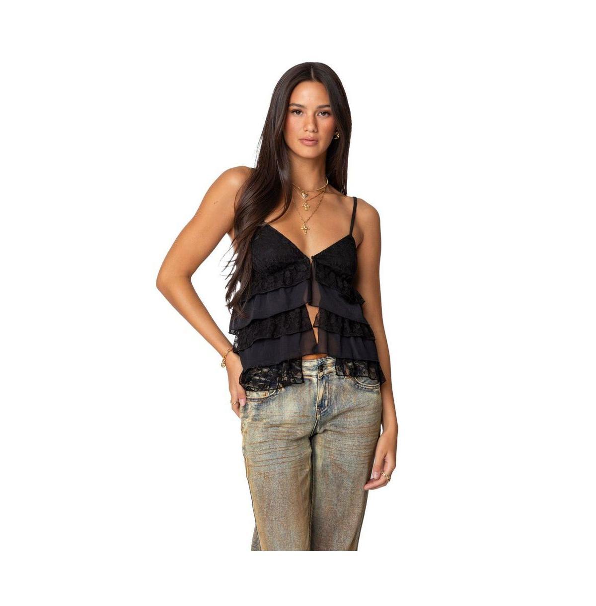 Edikted Womens Lacey Split Front Ruffle Tank Top Product Image