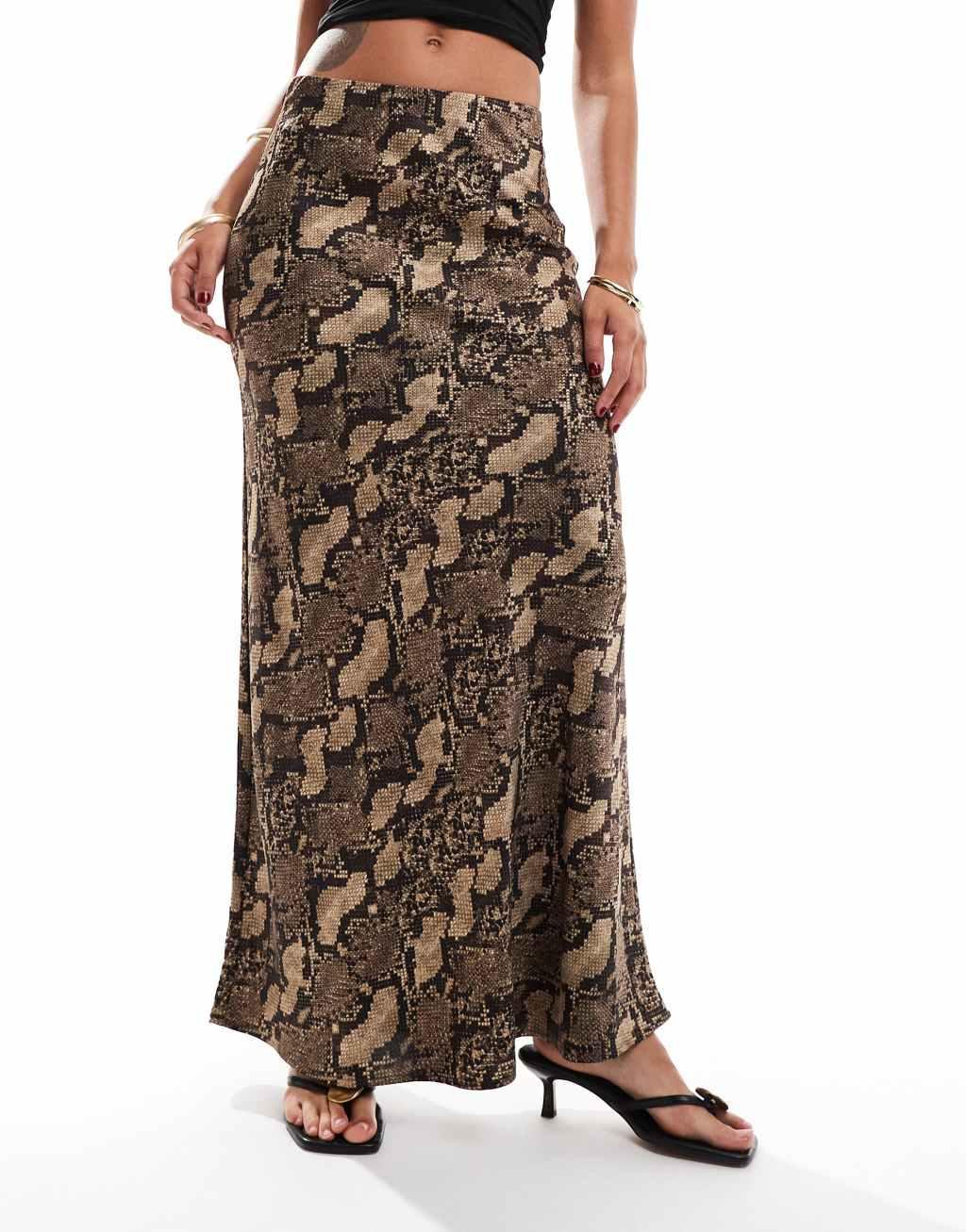 YAS satin high waist maxi skirt in snake print Product Image