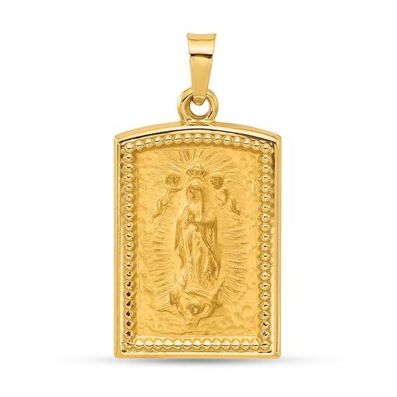 Men's Brushed-Finish "Our Lady of Guadalupe" Beaded Frame Textured Rectangular Necklace Charm in 14K Gold Product Image