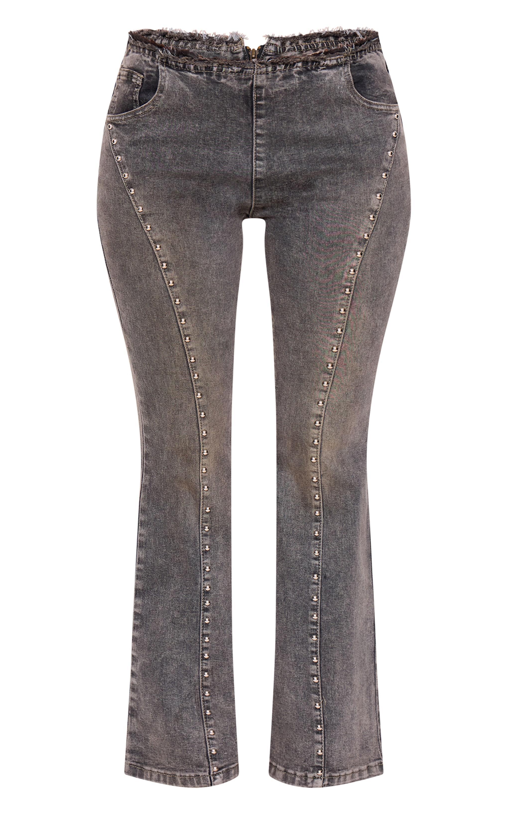 Petite Washed Black Stud Detail Denim Flared Jeans Product Image