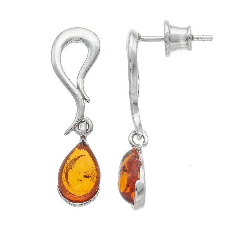 Sterling Silver Amber Teardrop Earrings, Womens Product Image