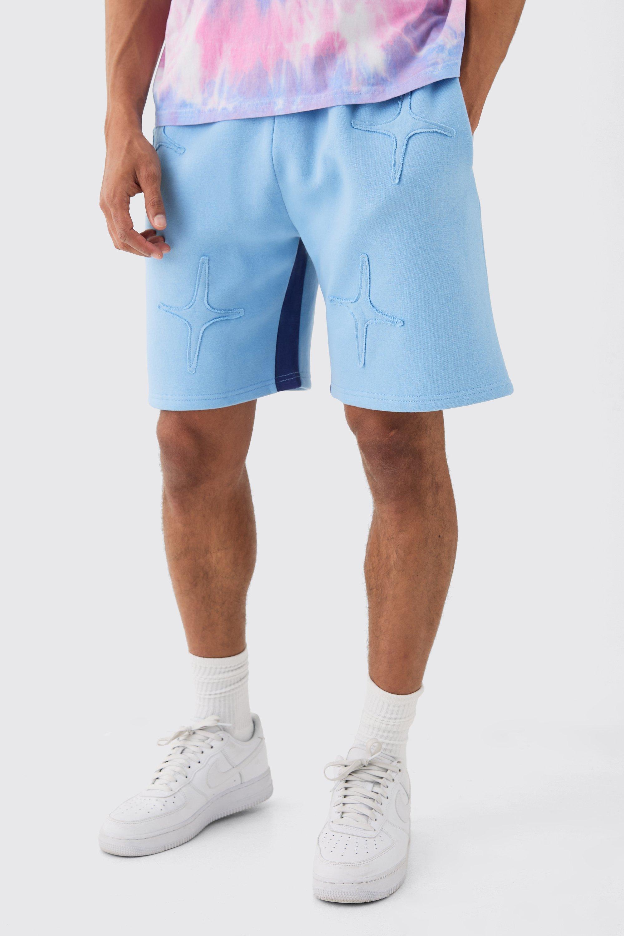 Mens Relaxed Blue Raw Applique Shorts, Blue Product Image