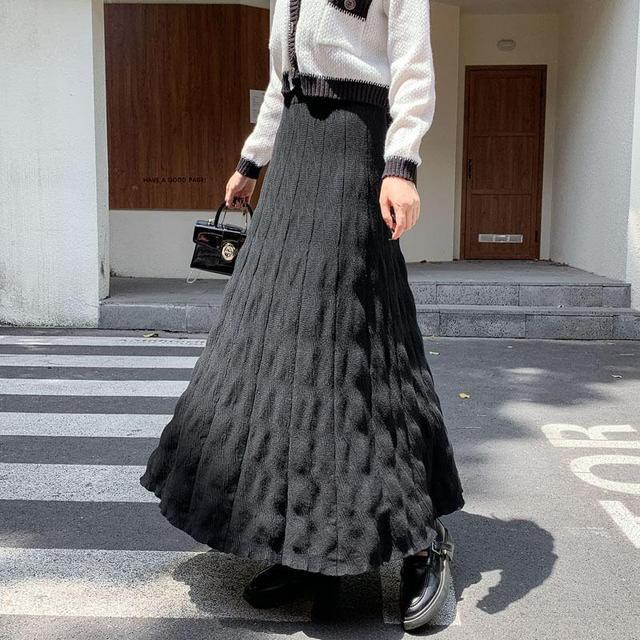 High Waist Plain Knit Maxi A-Line Skirt Product Image