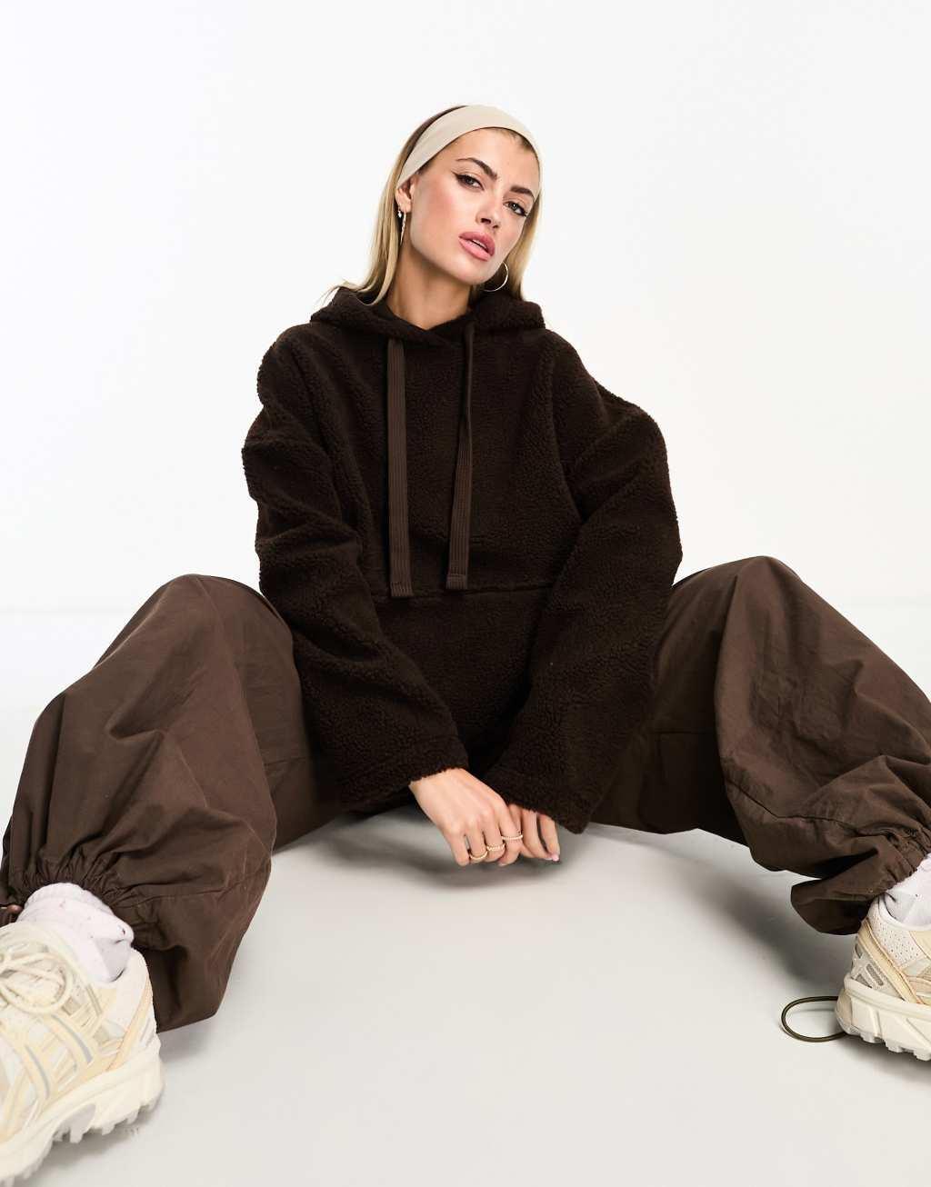 ASOS DESIGN Weekend Collective oversized borg hoodie in chocolate brown Product Image