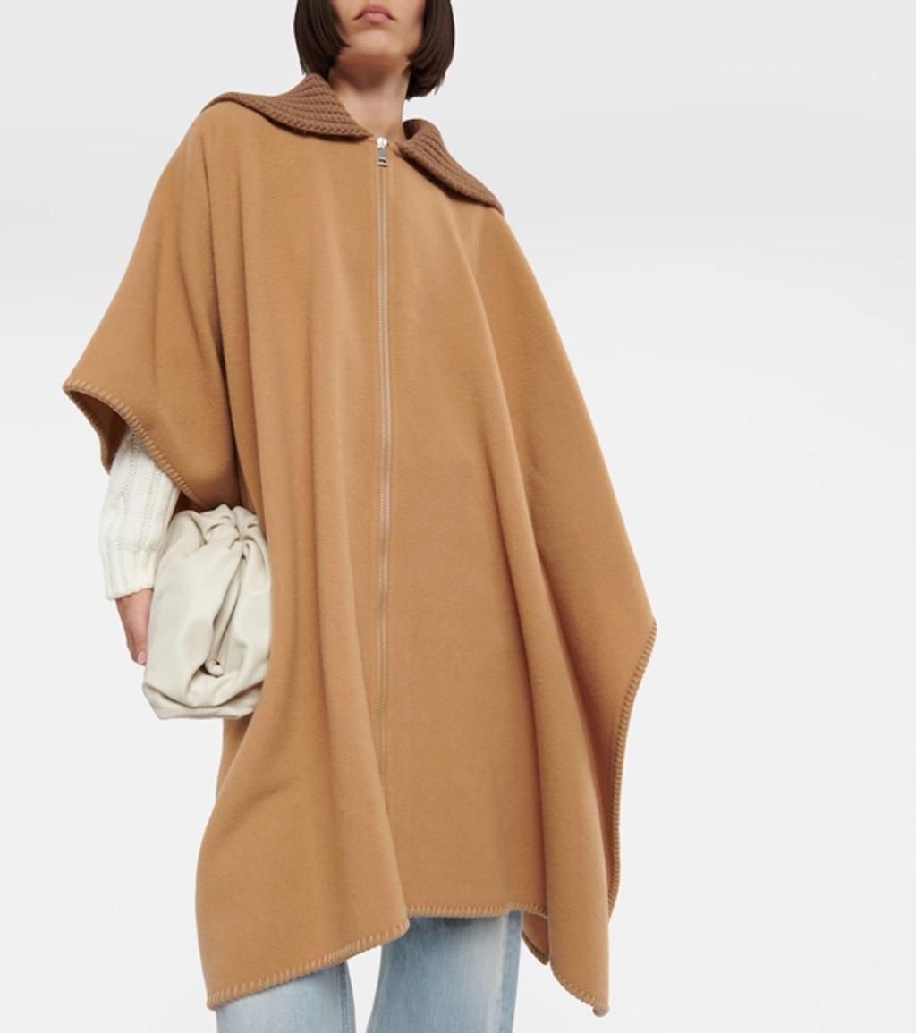 MONCLER Wool Long Cape With Knit Collar In Brown Product Image