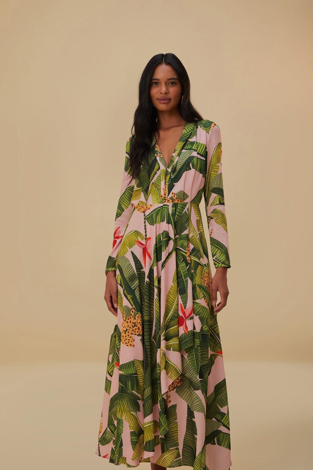 Pink Banana Leaves Maxi Dress, BANANA LEAVES PINK / XXS Product Image