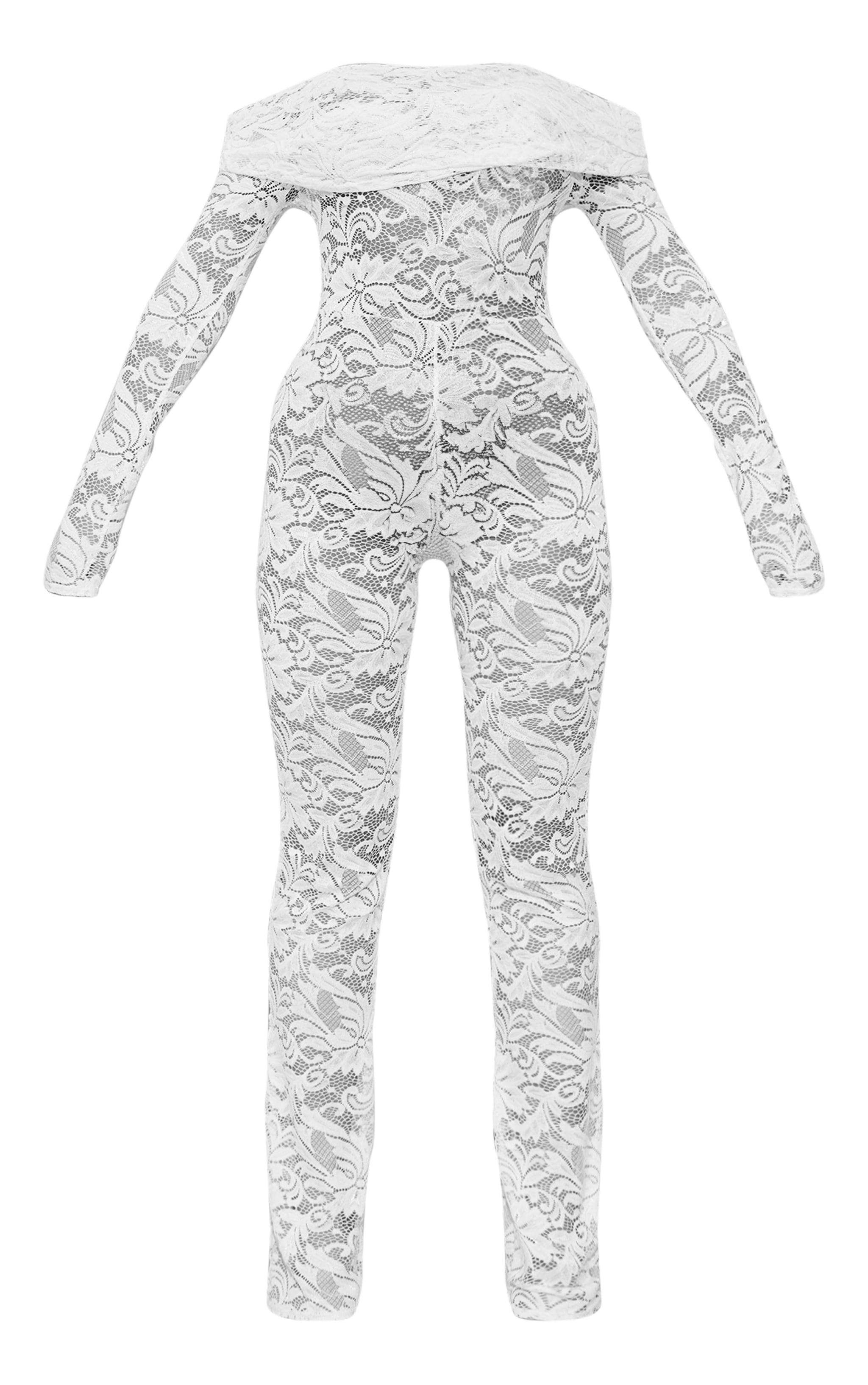 White Lace Foldover Bardot Long Sleeve Jumpsuit Product Image