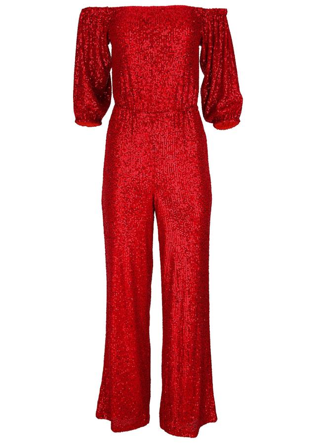 Off-Shoulder Sequin Jumpsuit - Goji Berry Product Image