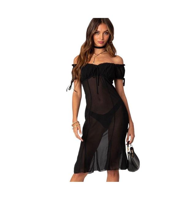 EDIKTED Off the Shoulder Sheer Mesh Dress Product Image