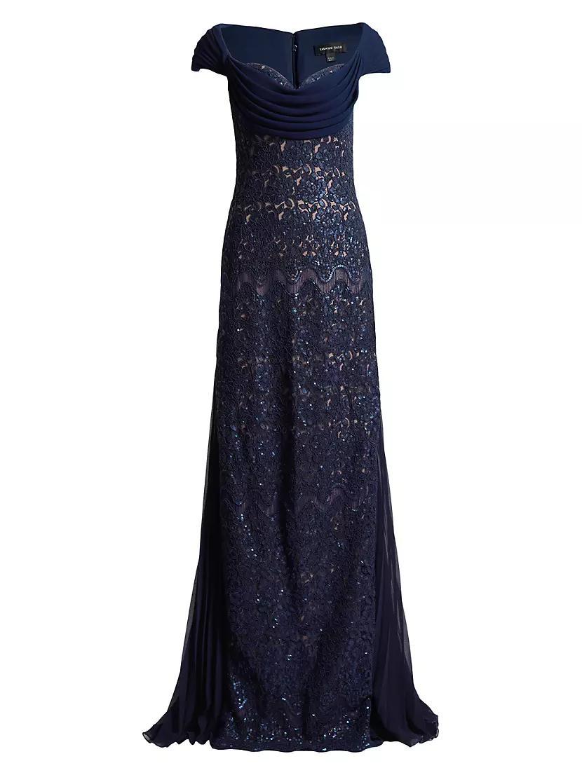 Sequined Lace Draped A-Line Gown Product Image