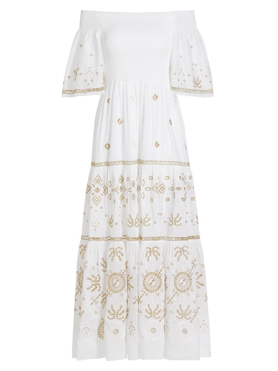 Womens Quinn Embroidered Smocked Voile Midi-Dress Product Image