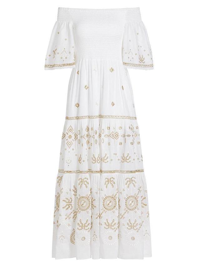 Womens Quinn Embroidered Smocked Voile Midi-Dress Product Image