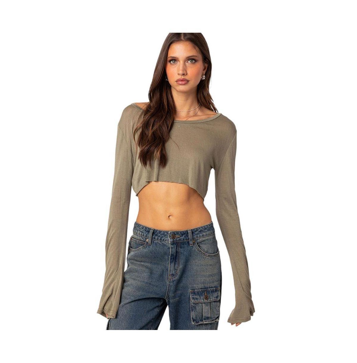 Womens Sheer Crop Top With Long Sleeve And Raw Hem product image