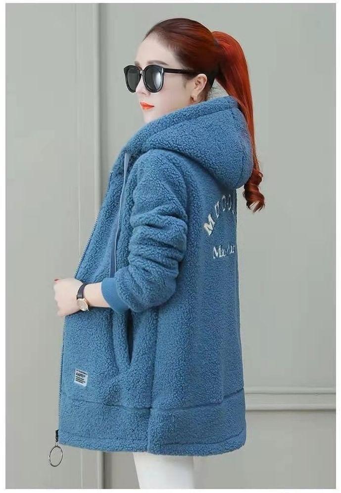 Plain Hooded Faux Shearling Long Zip Jacket Product Image