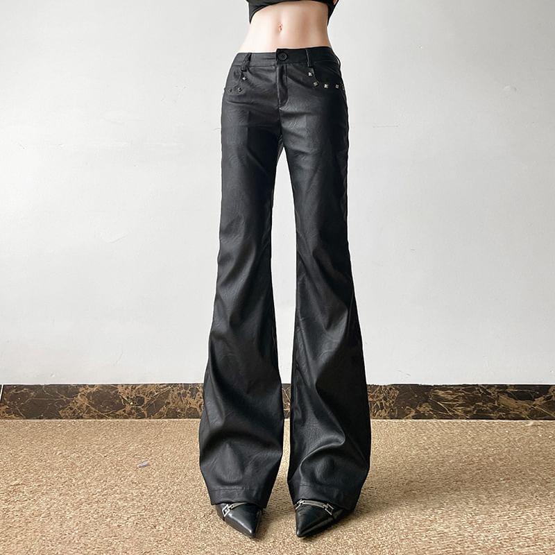 Mid Waist Faux Leather Flared Pants Product Image