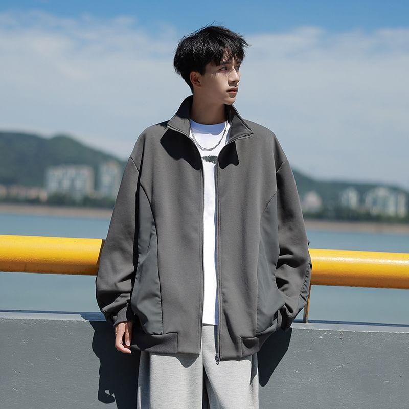 Stand Collar Plain Zip Up Jacket Product Image