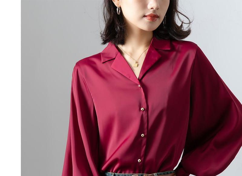 Balloon Sleeve Lapel Collar Plain Button Shirt Product Image