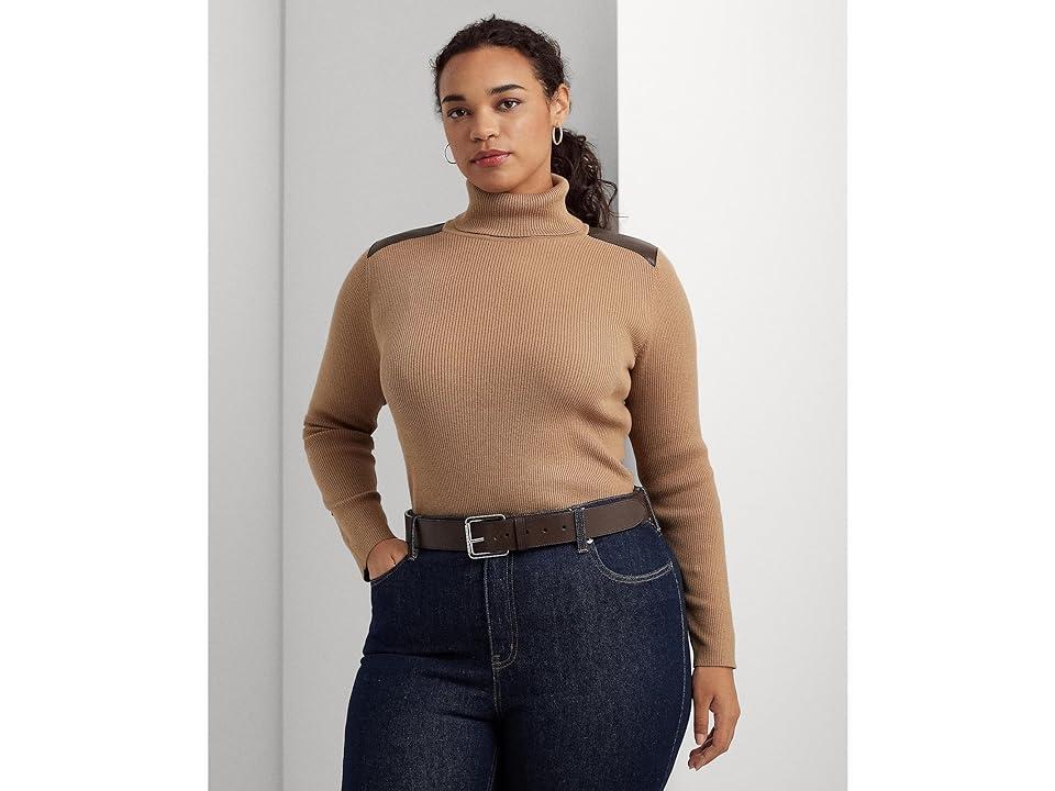 LAUREN Ralph Lauren Plus Size Faux Leather Trim Ribbed Turtleneck (Classic Camel) Women's Sweater Product Image