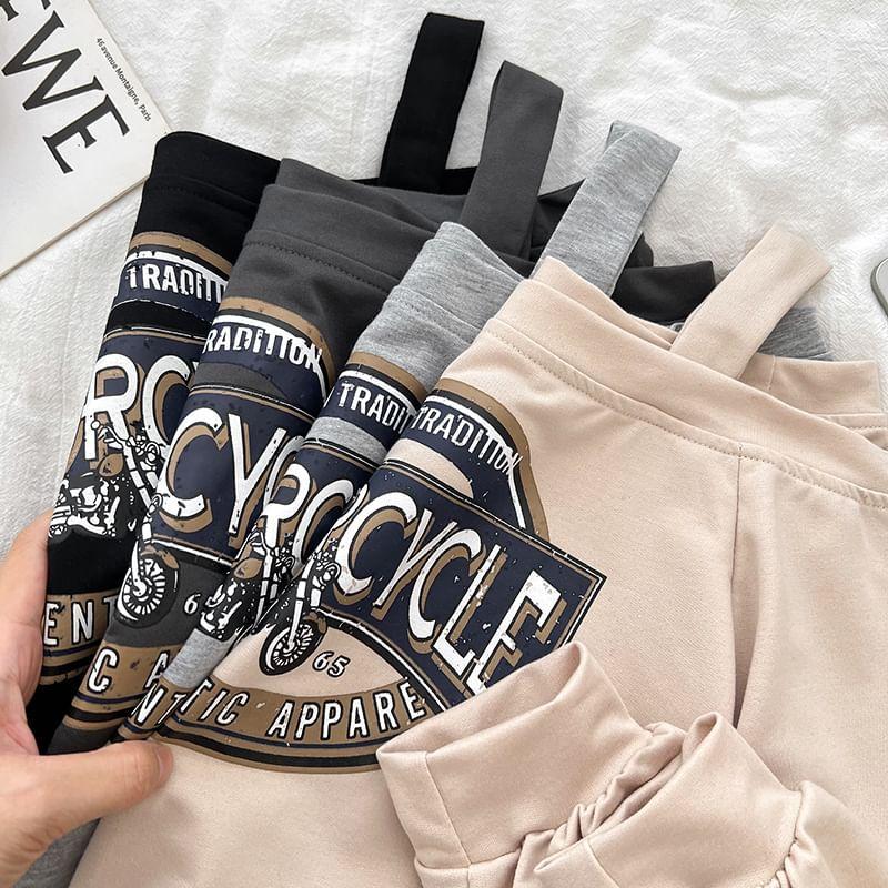 Set: Off Shoulder Lettering Print Crop Sweatshirt + Mini Pleated Skirt Product Image