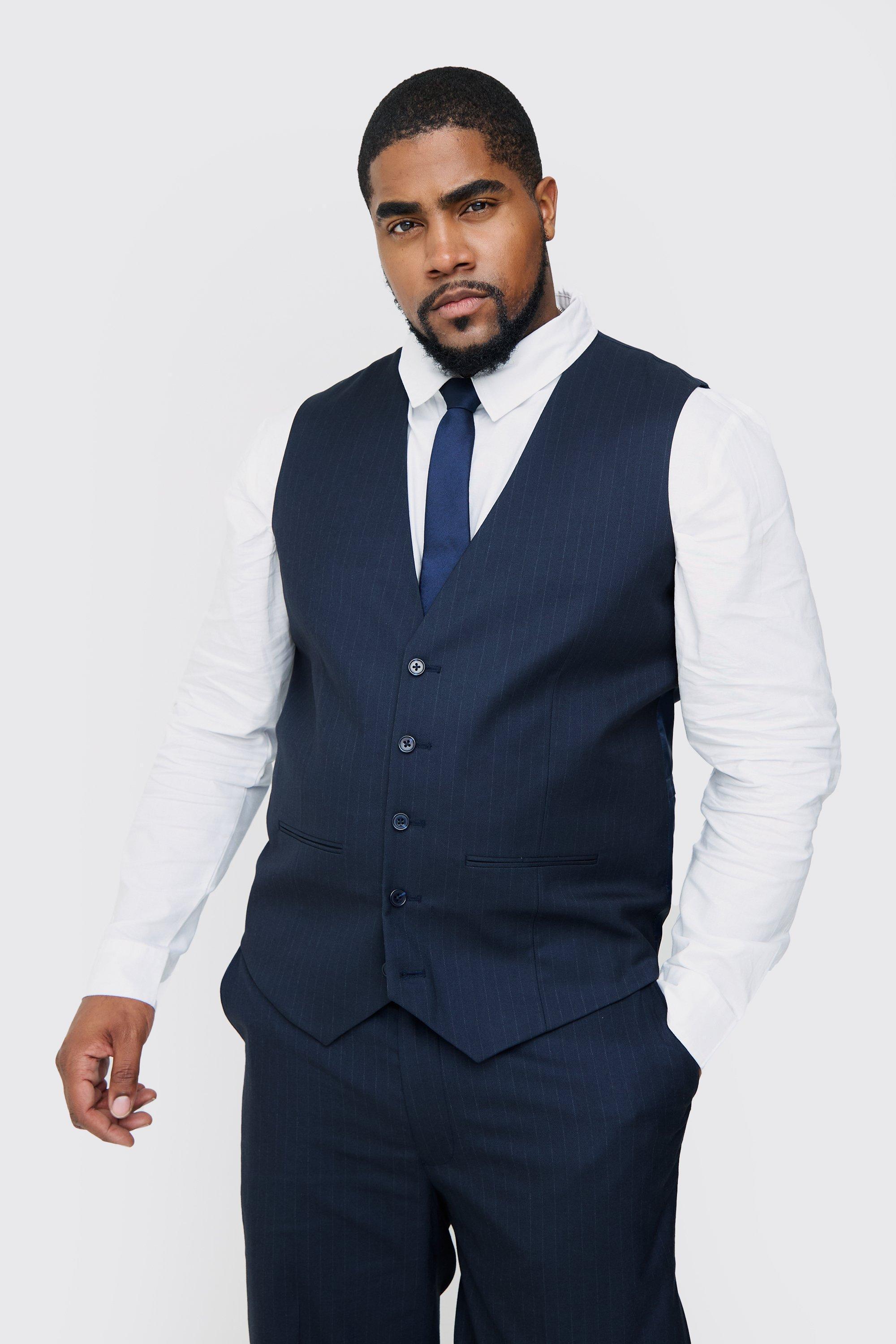 Plus Navy Pinstripe Waistcoat | boohooMAN USA Product Image