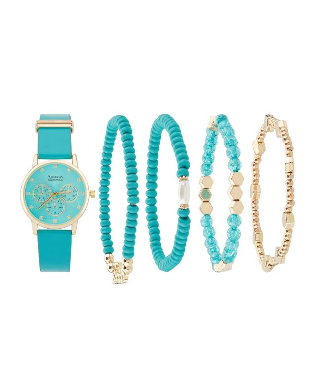 American Exchange Womens Turquoise Polyurethane Leather Strap Analog Watch 32mm with Stackable Bracelets Gift Set Product Image