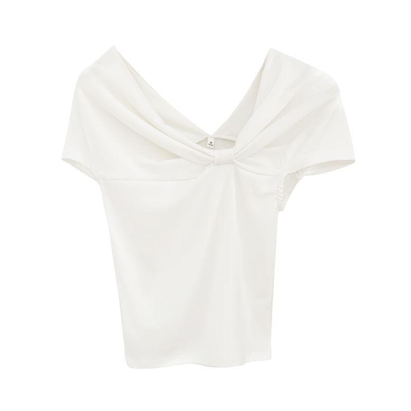 Short-Sleeve Off-Shoulder Plain Crop Top Product Image