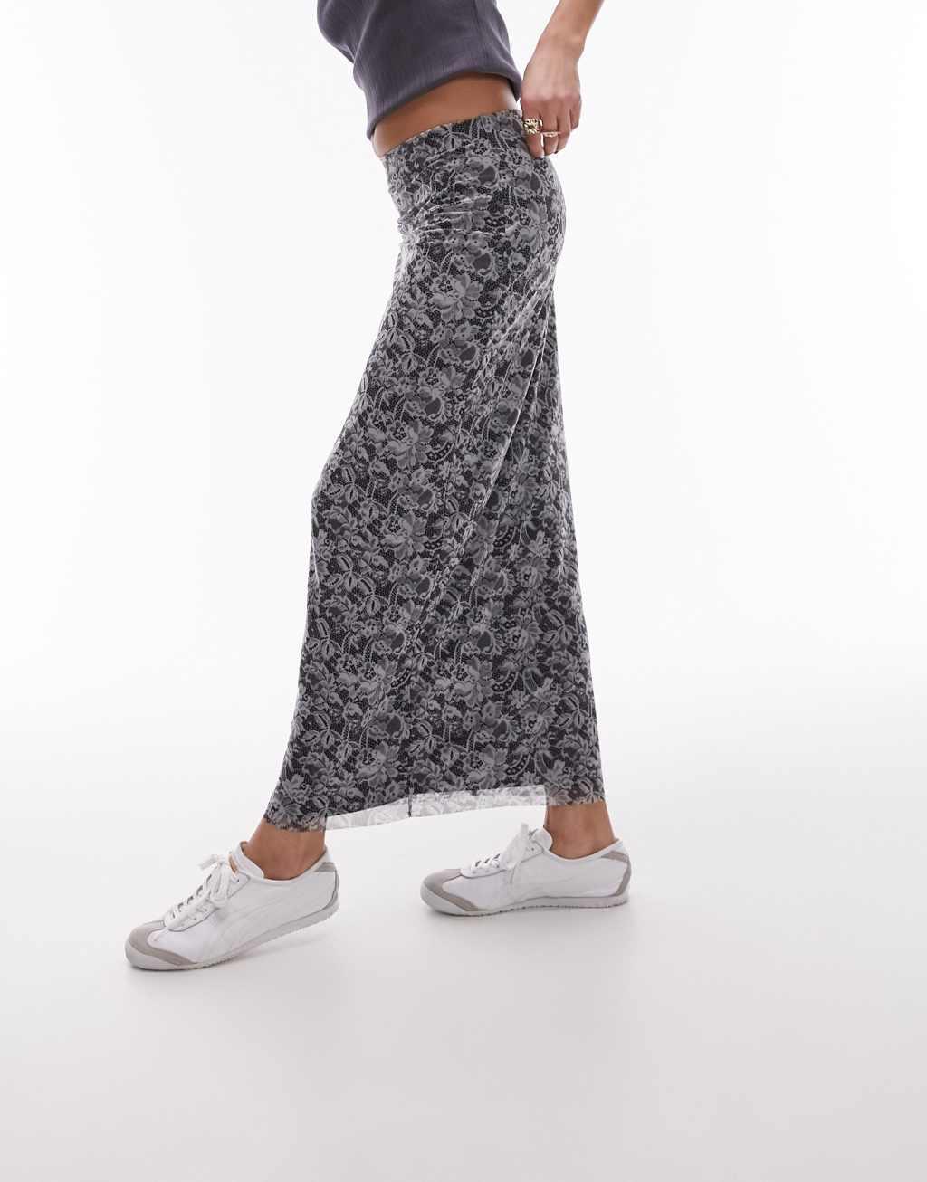 Topshop mesh lace print jersey maxi skirt in mono Product Image