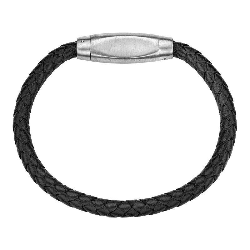 Mens LYNX Stainless Steel Braided Black Leather Bracelet White Product Image