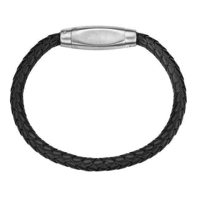 Mens LYNX Stainless Steel Braided Black Leather Bracelet White Product Image