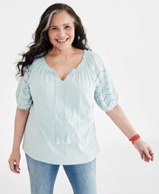 Plus Size Eyelet Puff-Sleeve Split-Neck Cotton Top, Created for Macy's Product Image