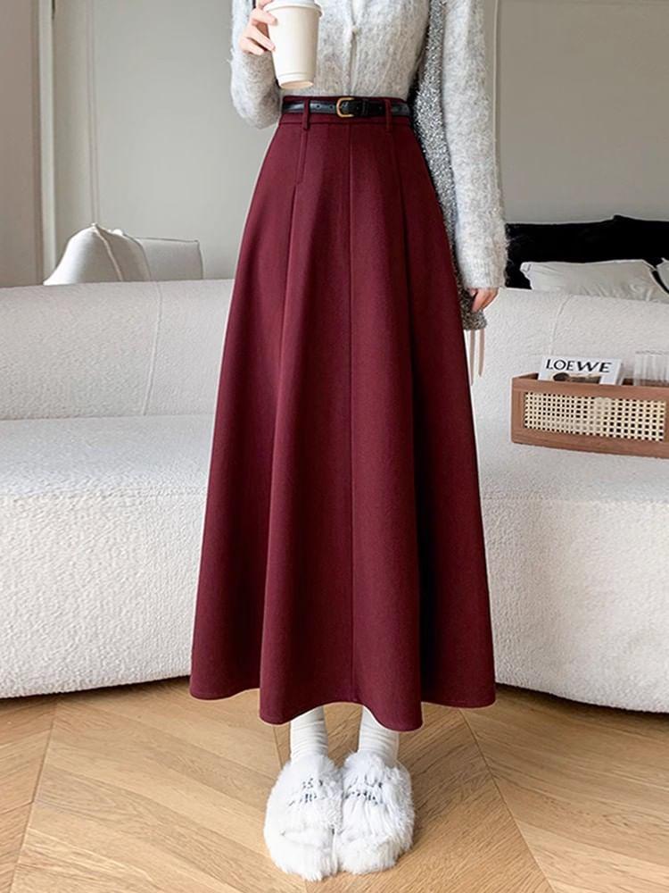 High Waist Plain Midi A-Line Skirt Product Image