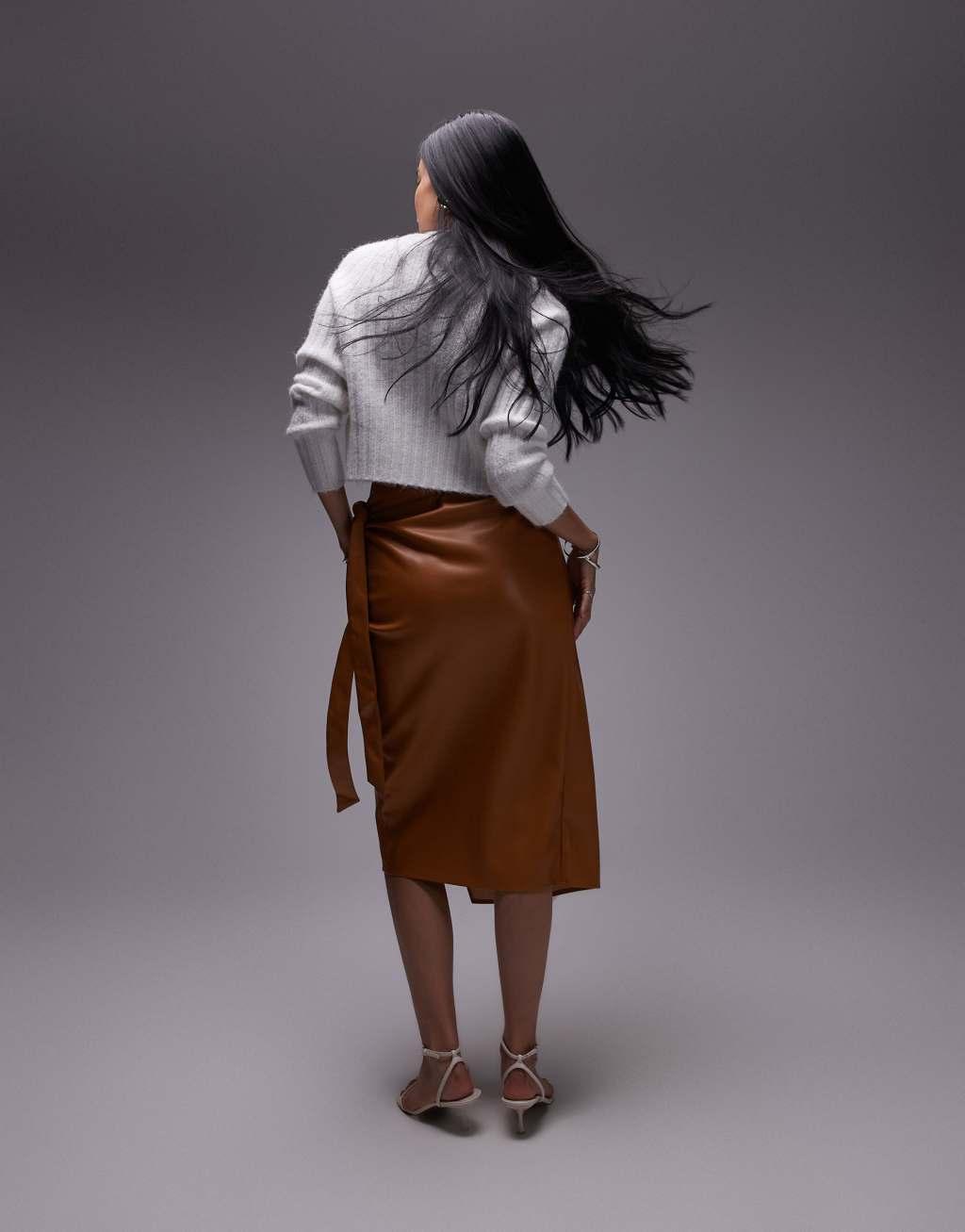 Never Fully Dressed PU wrap midi skirt in camel  Product Image